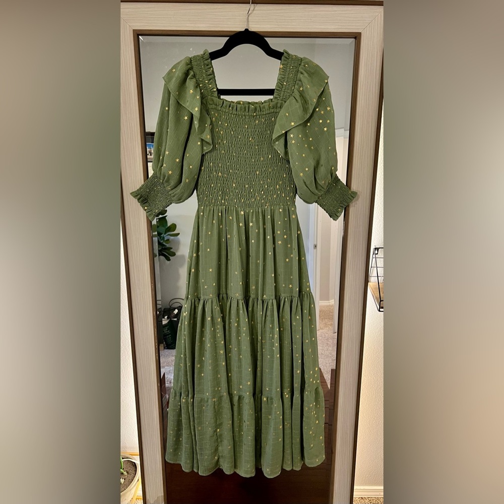 JessaKae Olive Green Long Sleeve Tiered Maxi Dress with Gold Dot Accents